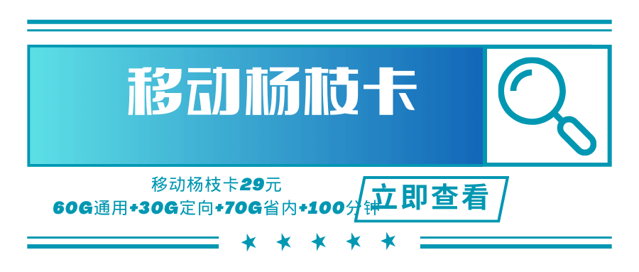 移动杨枝卡，月租套餐29元可享受160G流量（60G通用流量+30G定向流量+70G省内流量）+100分钟通话时长！