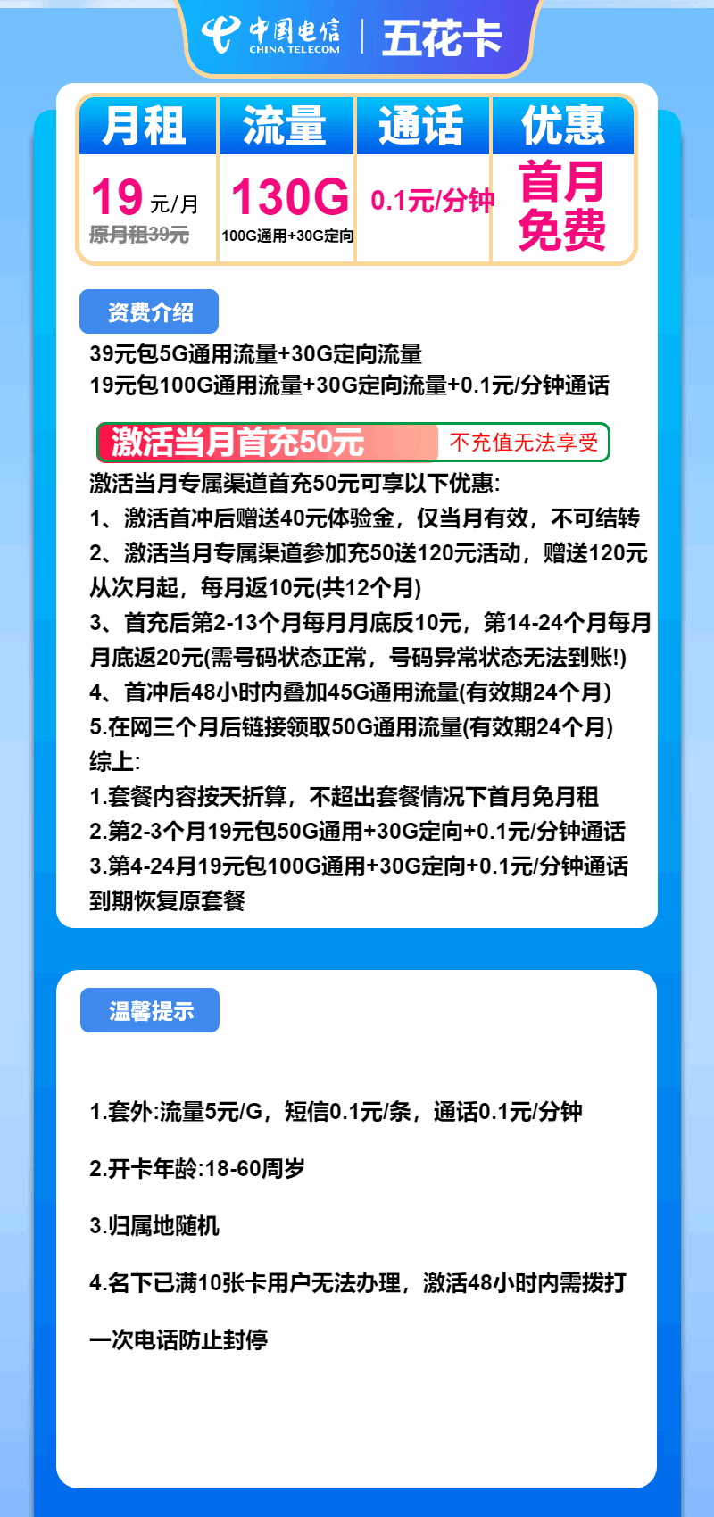 魔卡之家，电信五花卡资费套餐介绍