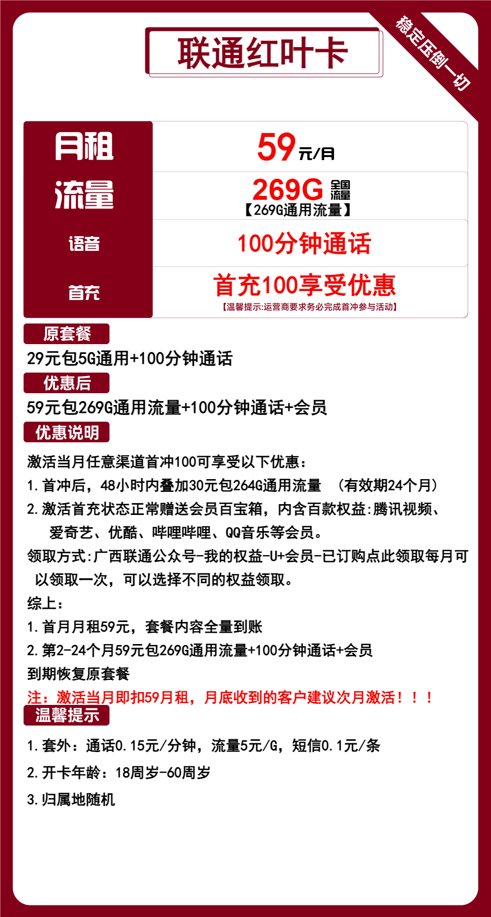 魔卡之家，联通红叶卡月租套餐介绍