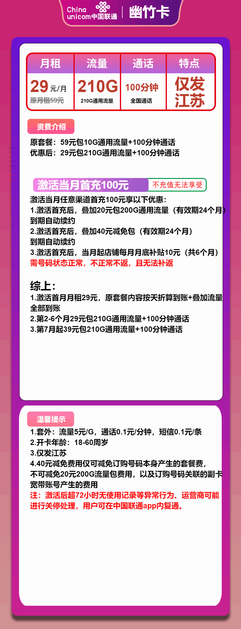 魔卡之家，联通幽竹卡资费套餐介绍