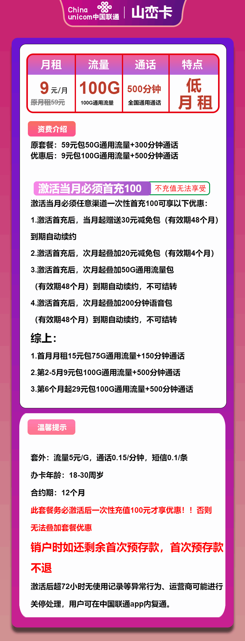 魔卡之家，联通山峦卡资费套餐介绍