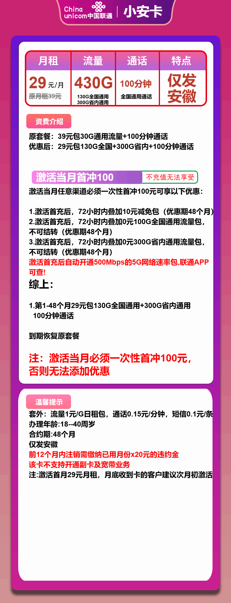 魔卡之家，联通小安卡资费套餐介绍