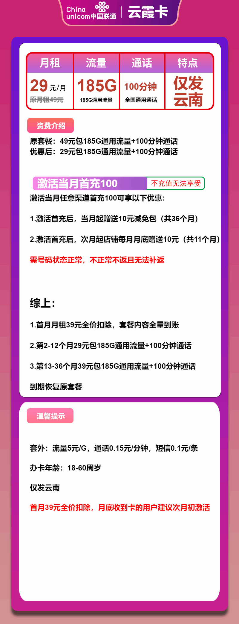 魔卡之家，联通云霞卡资费套餐介绍