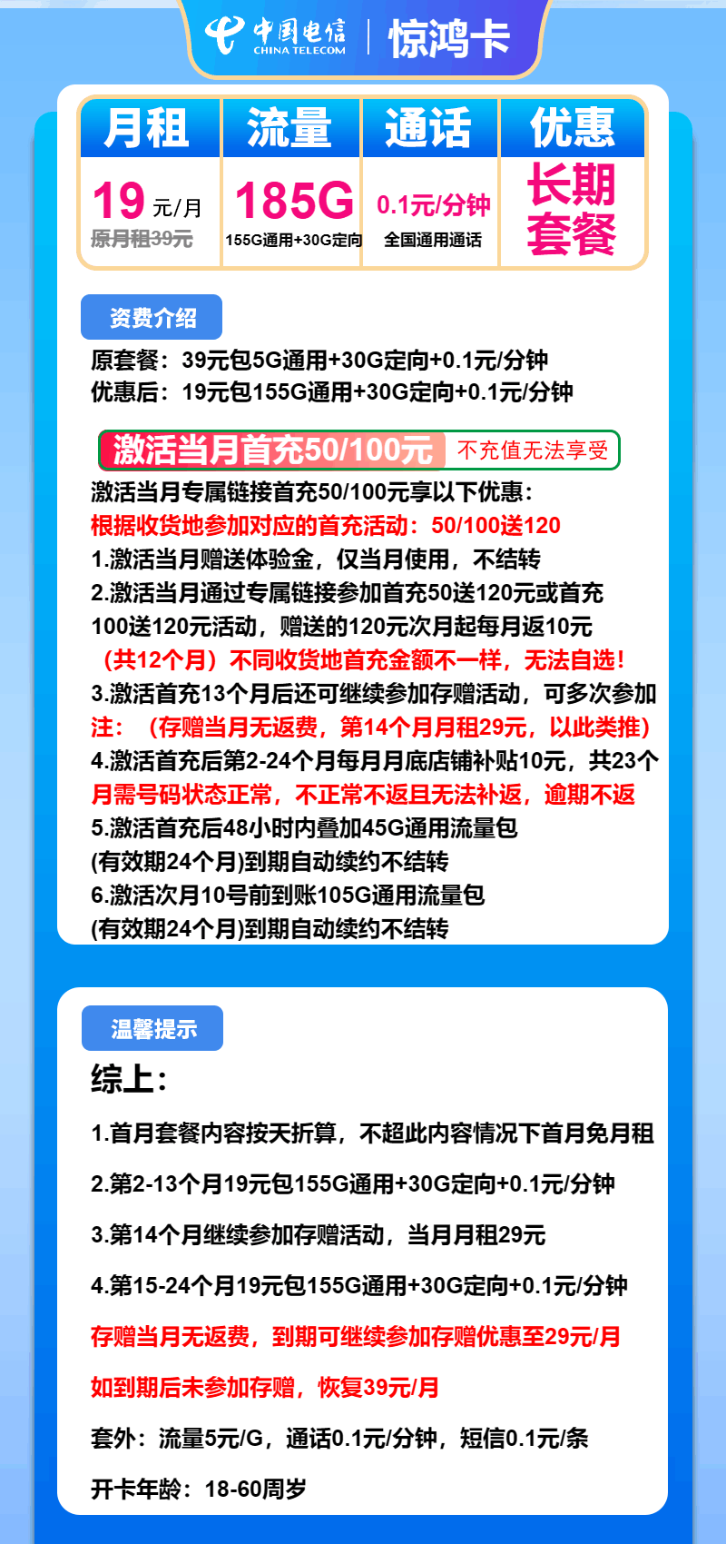 魔卡之家，电信惊鸿卡资费套餐介绍